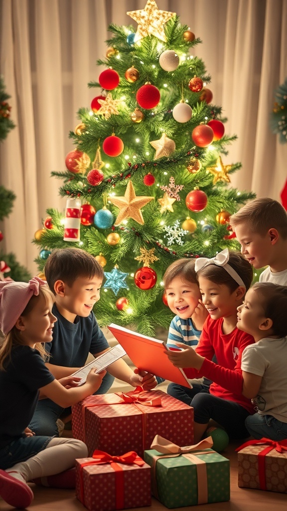 Children enjoying Christmas around a decorated tree, filled with joy and laughter.